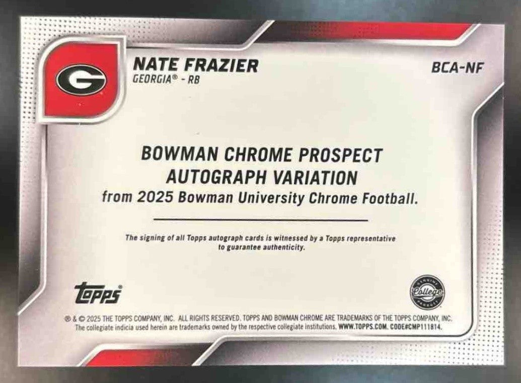 2025 Bowman Chrome University Nate Frazier Prospect Auto Blue /150 Bulldogs - Sports Cards