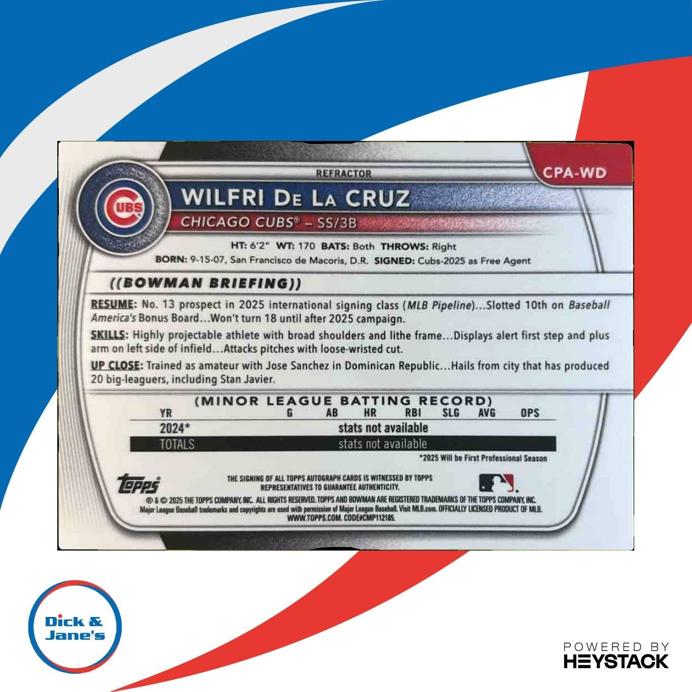 2025 Bowman Chrome Wilfri De La Cruz Auto Refractor /499 1st Prospect Cubs - Sports Cards