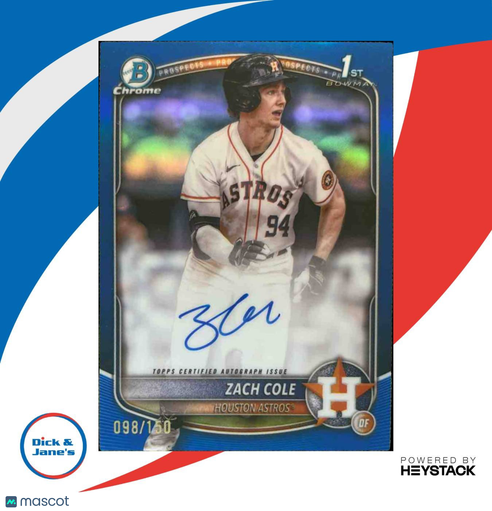 2025 Bowman Chrome Zach Cole Auto Blue Refractor 98/150 1st Prospect Astros - Sports Cards