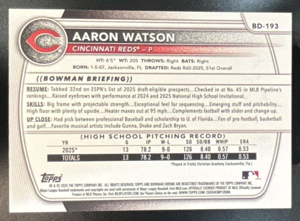 2025 Bowman Draft Aaron Watson Gold Border /50 #BD-193 1st Prospect Reds - Sports Cards
