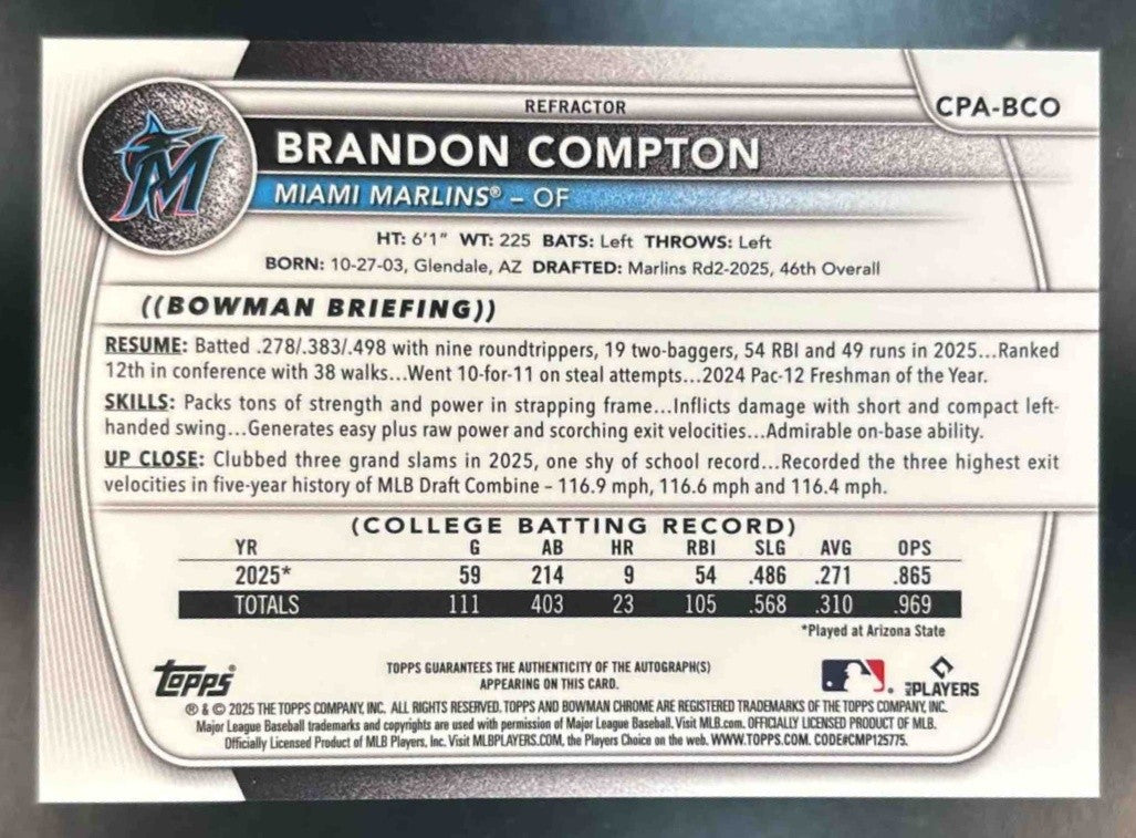 2025 Bowman Draft Brandon Compton Chrome Auto /499 1st Prospect Miami Marlins - Sports Cards