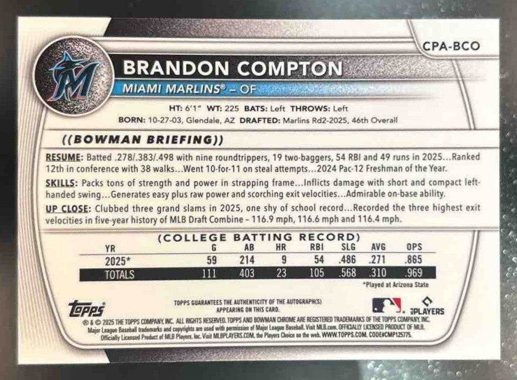 2025 Bowman Draft Brandon Compton Chrome Auto Yellow 75/75 1st Prospect Marlins - Sports Cards