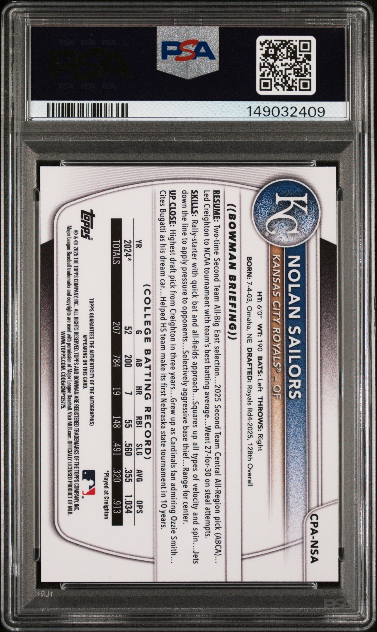 2025 Bowman Draft Chrome Prospect Auto Nolan Sailors Sunflower Seeds 4/5 PSA 10 - Graded Sports Cards