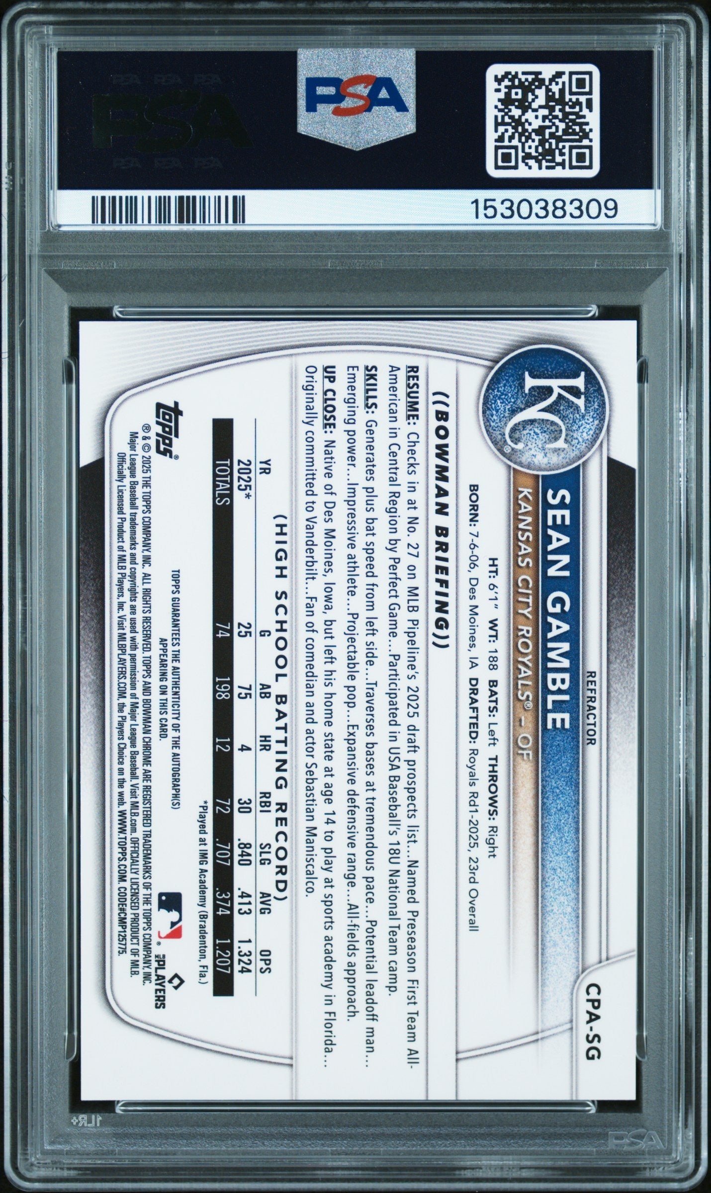 2025 Bowman Draft Chrome Prospect Auto Sean Gamble Refractor 389/499 PSA 9 - Graded Sports Cards