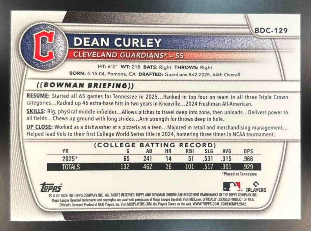 2025 Bowman Draft Dean Curley Chrome Fuchsia Reptilian /199 #BDC129 1st Prospect - Sports Cards