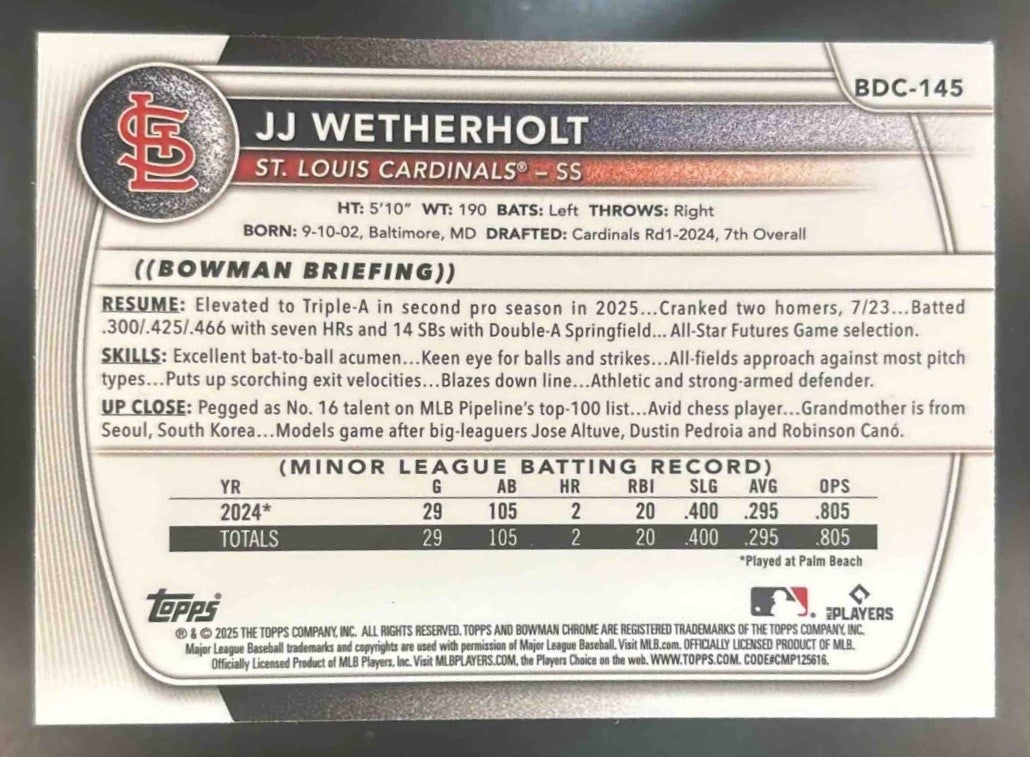 2025 Bowman Draft JJ Wetherholt Chrome Mojo #BDC-145 St. Louis Cardinals - Sports Cards