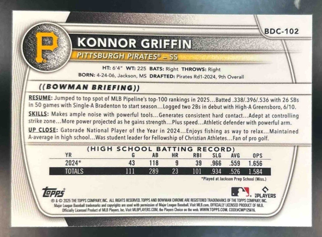 2025 Bowman Draft Konnor Griffin Chrome Mojo #BDC-102 Pittsburgh Pirates - Sports Cards
