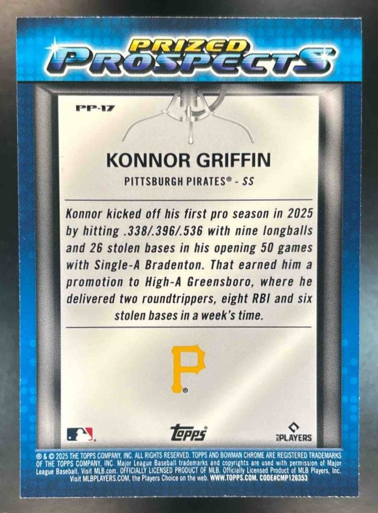 2025 Bowman Draft Konnor Griffin Chrome Prized Prospects Mojo Pittsburgh Pirate - Sports Cards