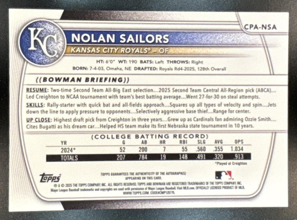2025 Bowman Draft Nolan Sailors Chrome Auto Aqua Lava /199 #CPA-NSA 1st Prospect - Sports Cards