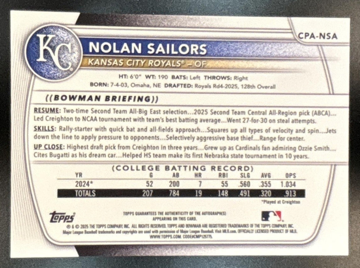 2025 Bowman Draft Nolan Sailors Chrome Auto Blue /150 #CPA-NSA 1st Prospect - Sports Cards