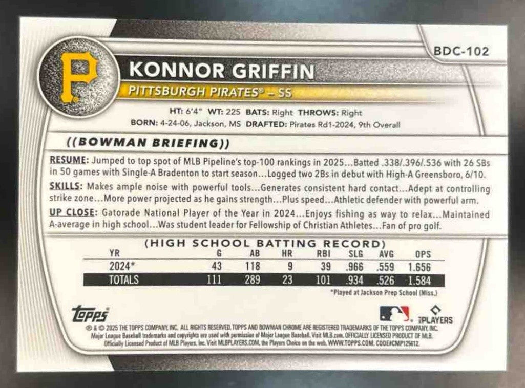 2025 Bowman Draft Sapphire Konnor Griffin Chrome #BDC-102 Pittsburgh Pirates - Sports Cards