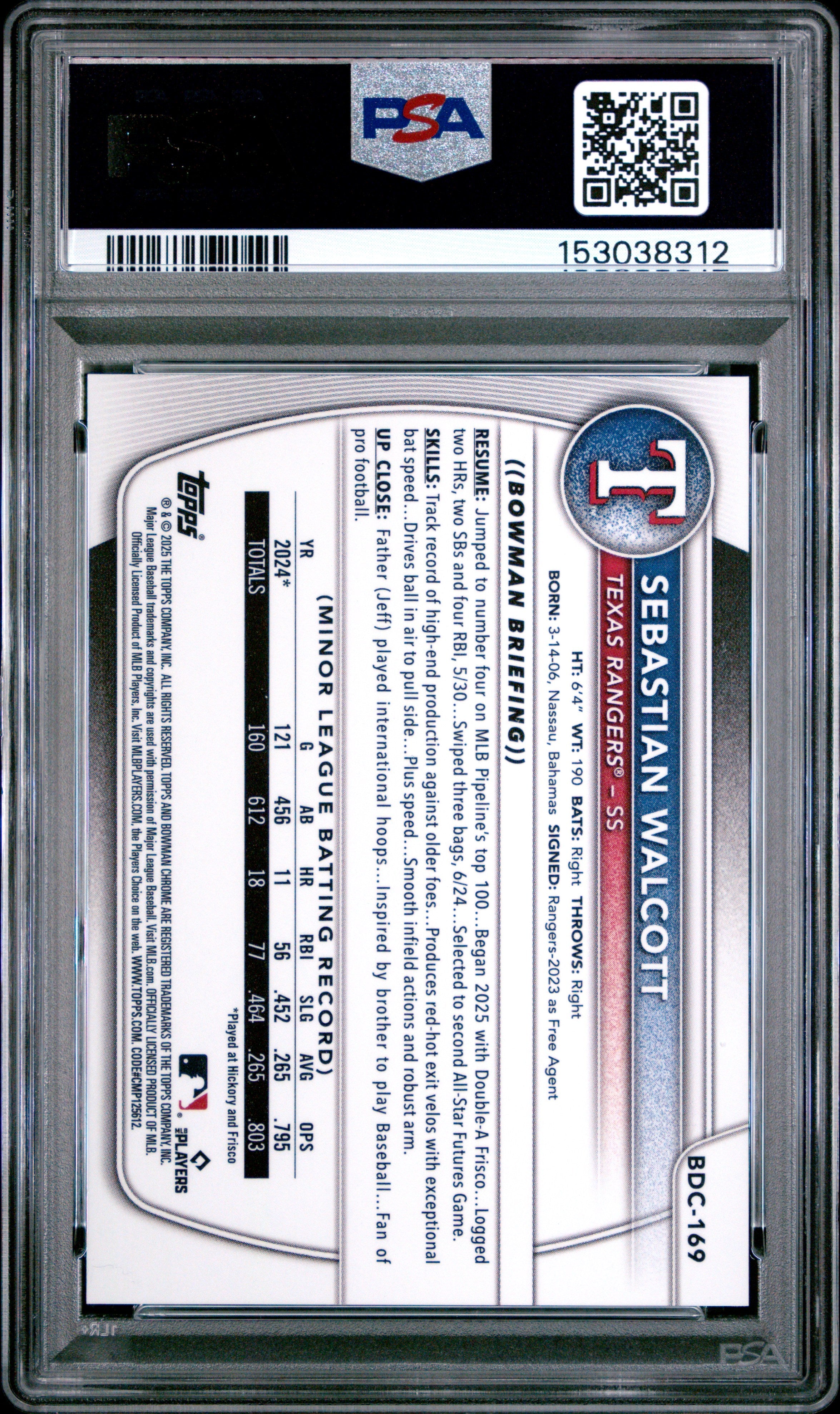 2025 Bowman Draft Sebastian Walcott Chrome Sunflower Seeds #BDC-169 PSA 9 - Graded Sports Cards