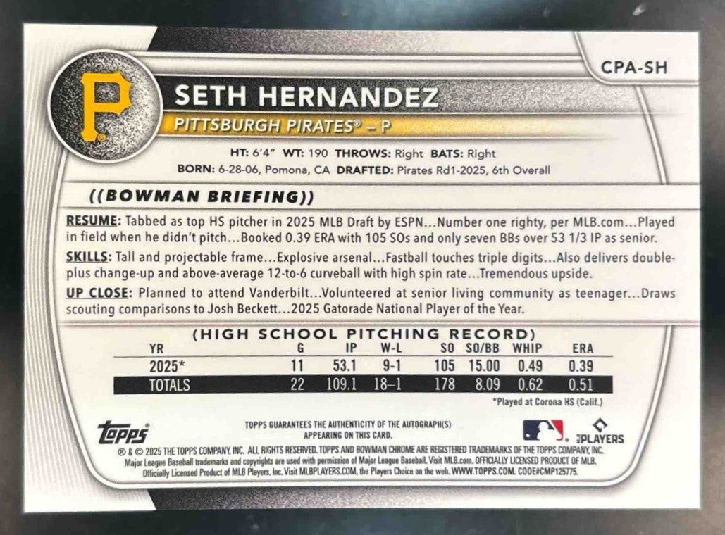 2025 Bowman Draft Seth Hernandez Chrome Auto 1st Prospect Pittsburgh Pirates - Sports Cards