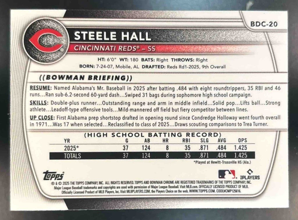 2025 Bowman Draft Steele Hall Chrome Green Mojo /99 #BDC-20 1st Prospect Reds - Sports Cards