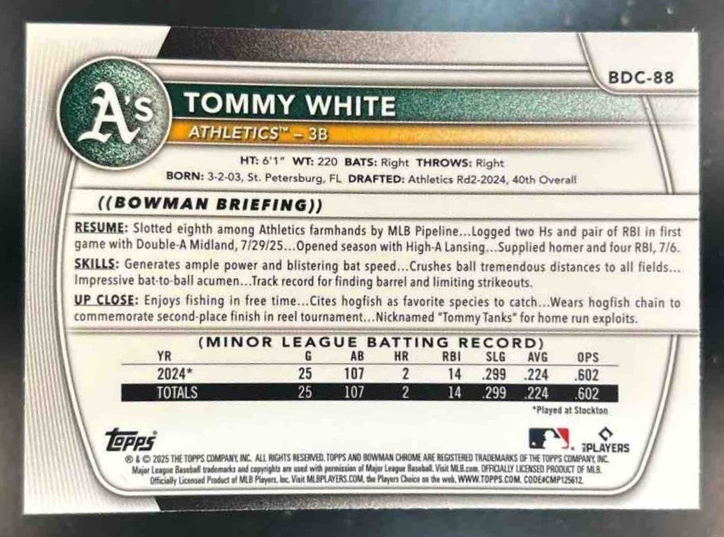 2025 Bowman Draft Tommy White Chrome Yellow /75 #BDC-88 Athletics - Sports Cards