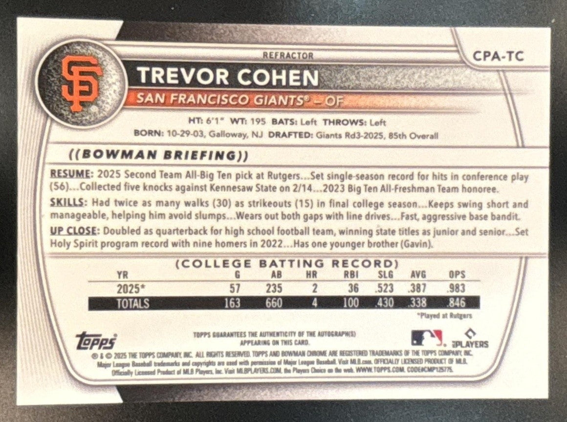 2025 Bowman Draft Trevor Cohen Chrome Auto Refractor /499 1st Prospect Giants - Sports Cards