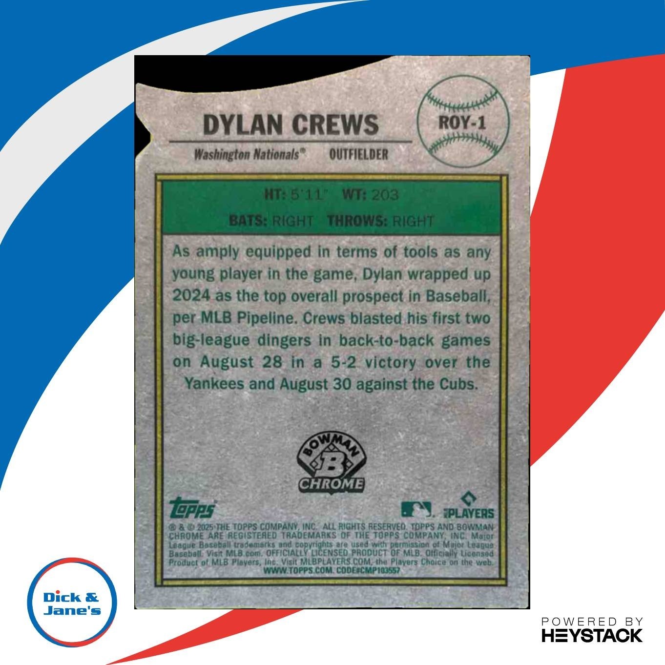 2025 Bowman Dylan Crews Chrome Rookie of Year Favorites Pink /199 RC Nationals - Sports Cards