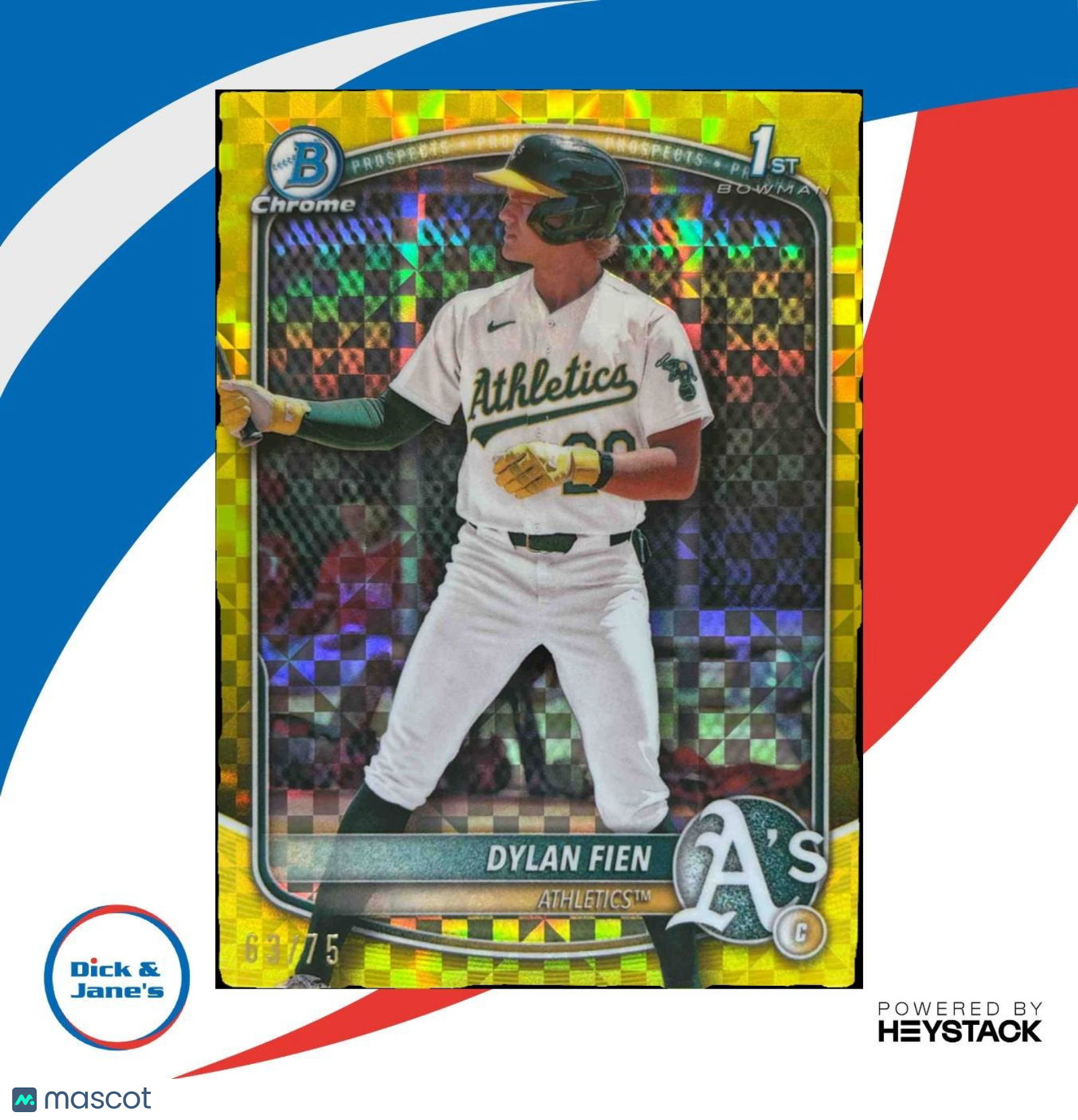 2025 Bowman Dylan Fien Chrome Yellow X-Fractor 63/75 1st Prospect Athletics - Sports Cards