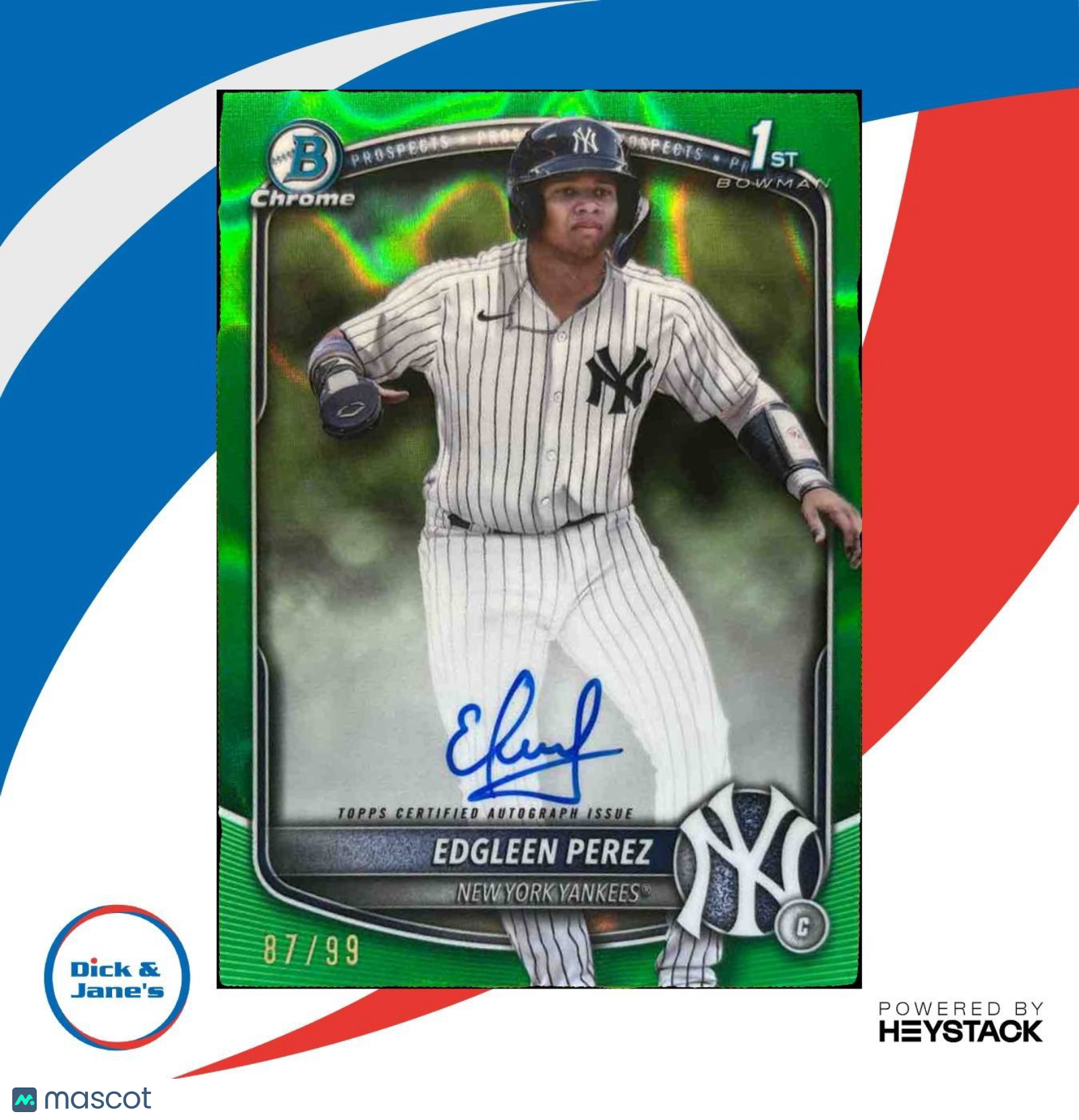2025 Bowman Edgleen Perez Chrome Auto Green Lava /99 1st Prospect Yankees - Sports Cards