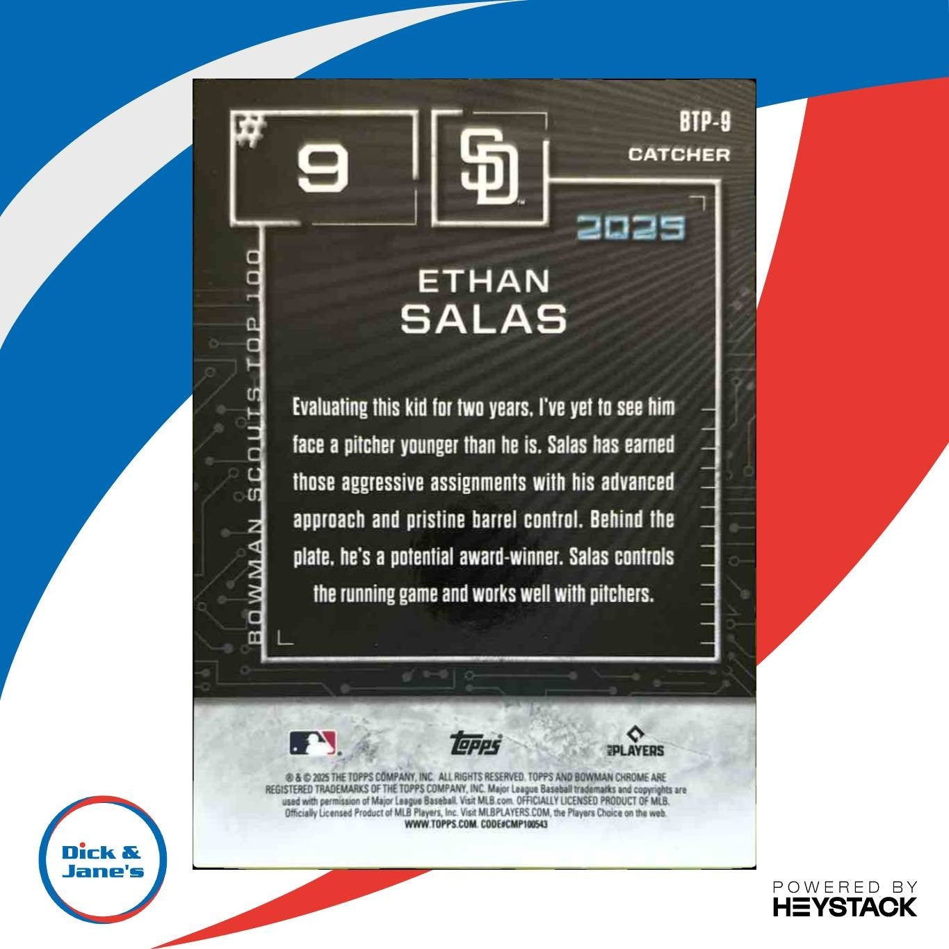 2025 Bowman Ethan Salas Scouts’ Top 100 Chrome Aqua /125 #BTP-9 San Diego Padres - Sports Cards