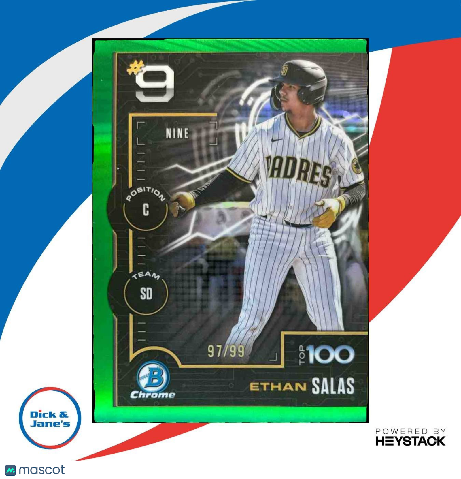 2025 Bowman Ethan Salas Scouts’ Top 100 Chrome Green /99 #BTP-9 San Diego Padres - Sports Cards