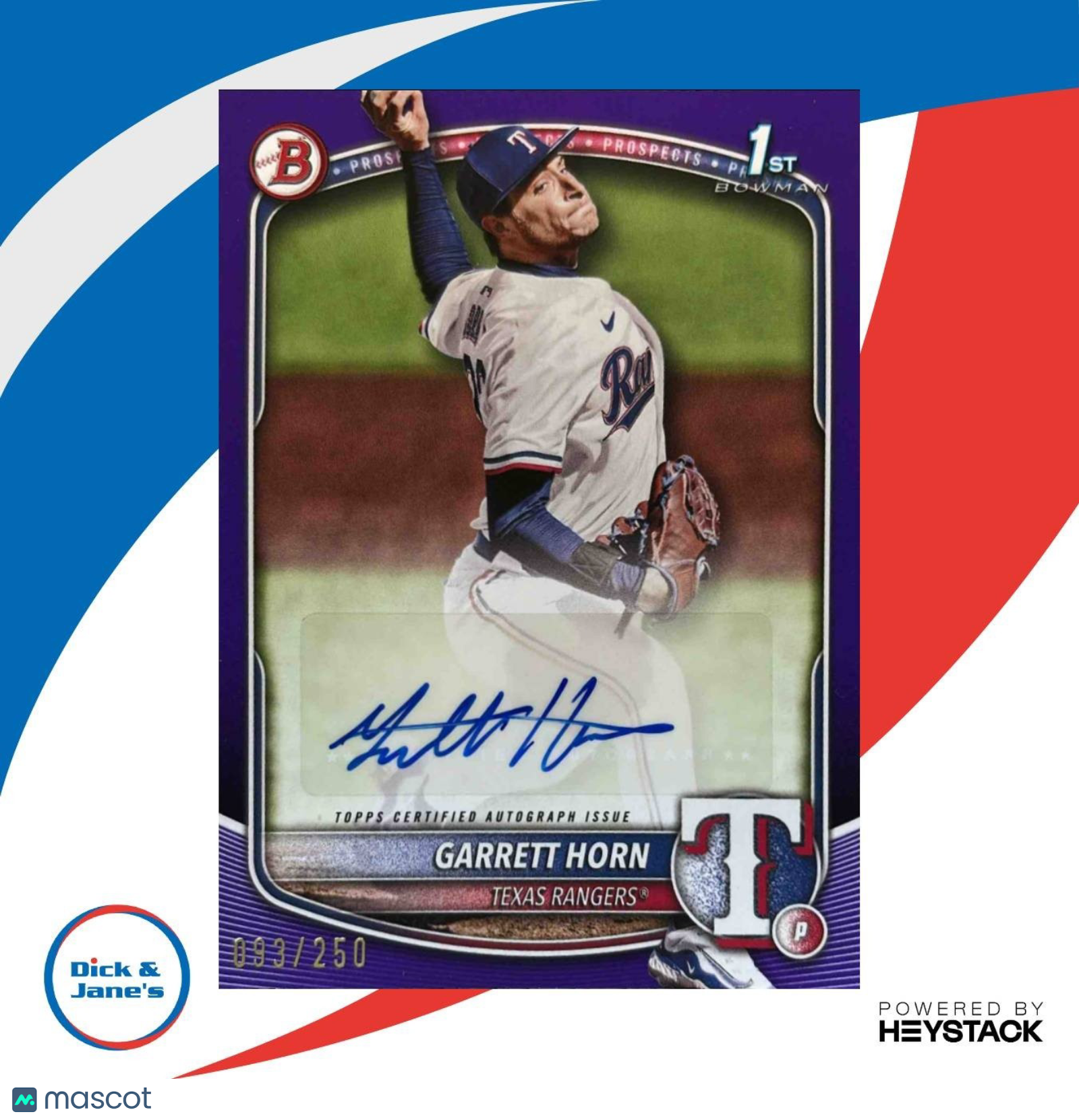 2025 Bowman Garrett Horn Auto Purple Border 93/250 1st Prospect Texas Rangers - Sports Cards