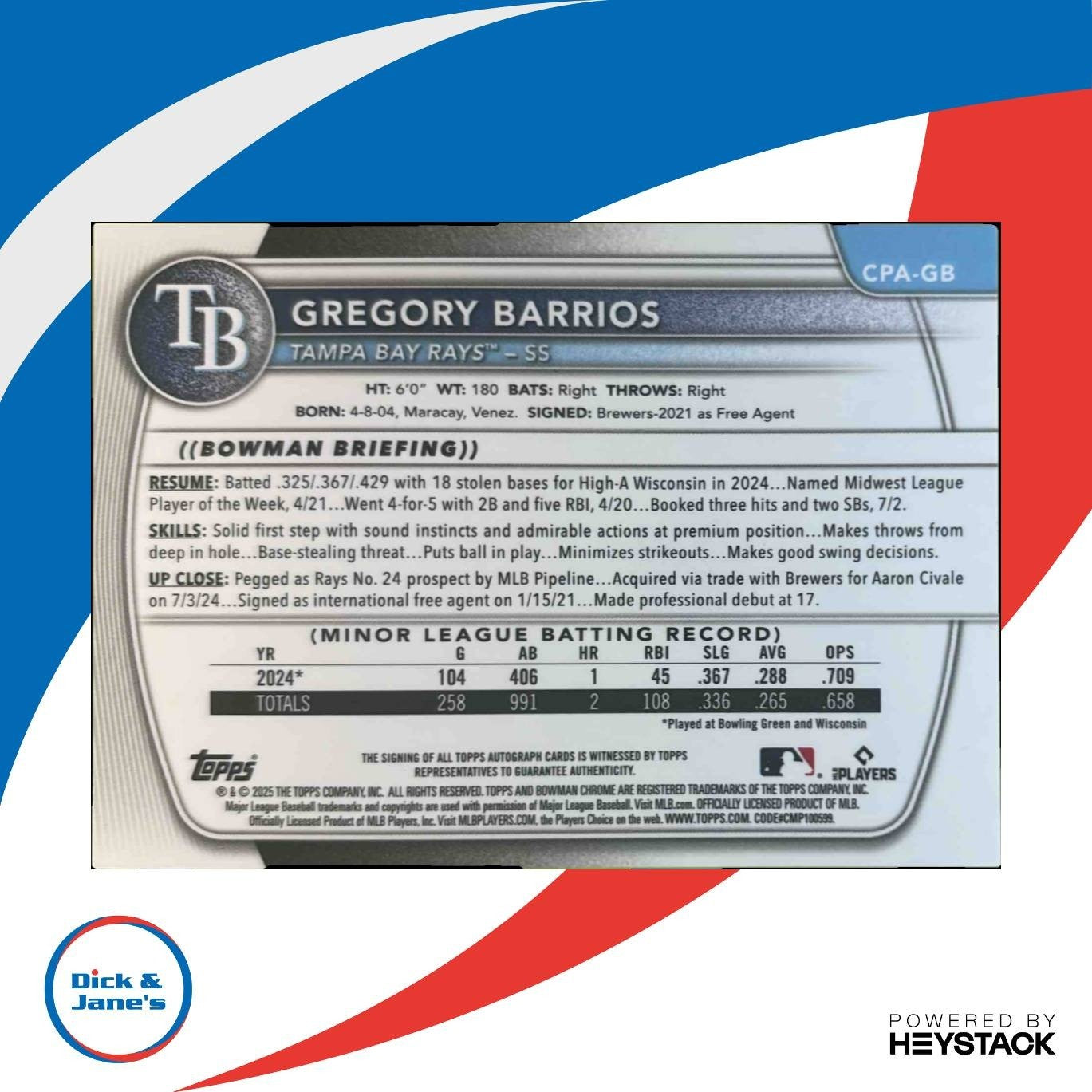 2025 Bowman Gregory Barrios Chrome Auto HTA Choice /150 1st Prospect Rays - Sports Cards