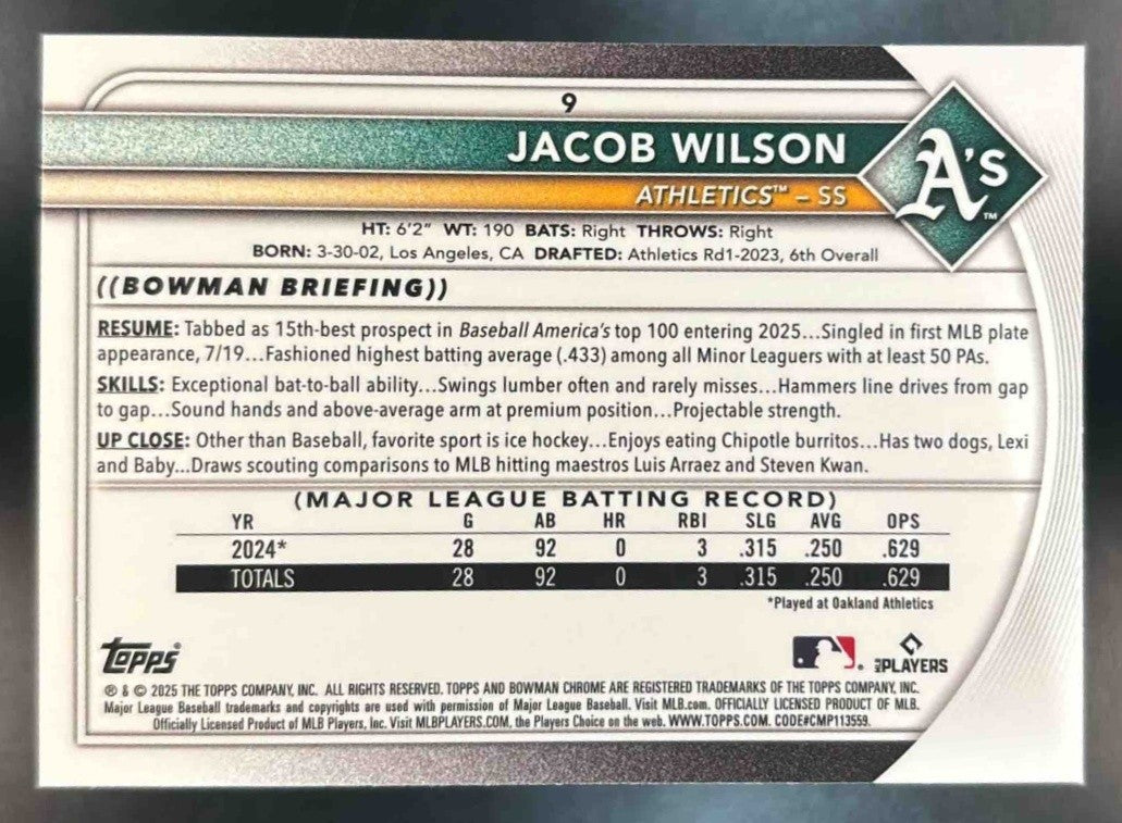 2025 Bowman Jacob Wilson Chrome Red RC Rookie Redemption #9 Athletics - Sports Cards
