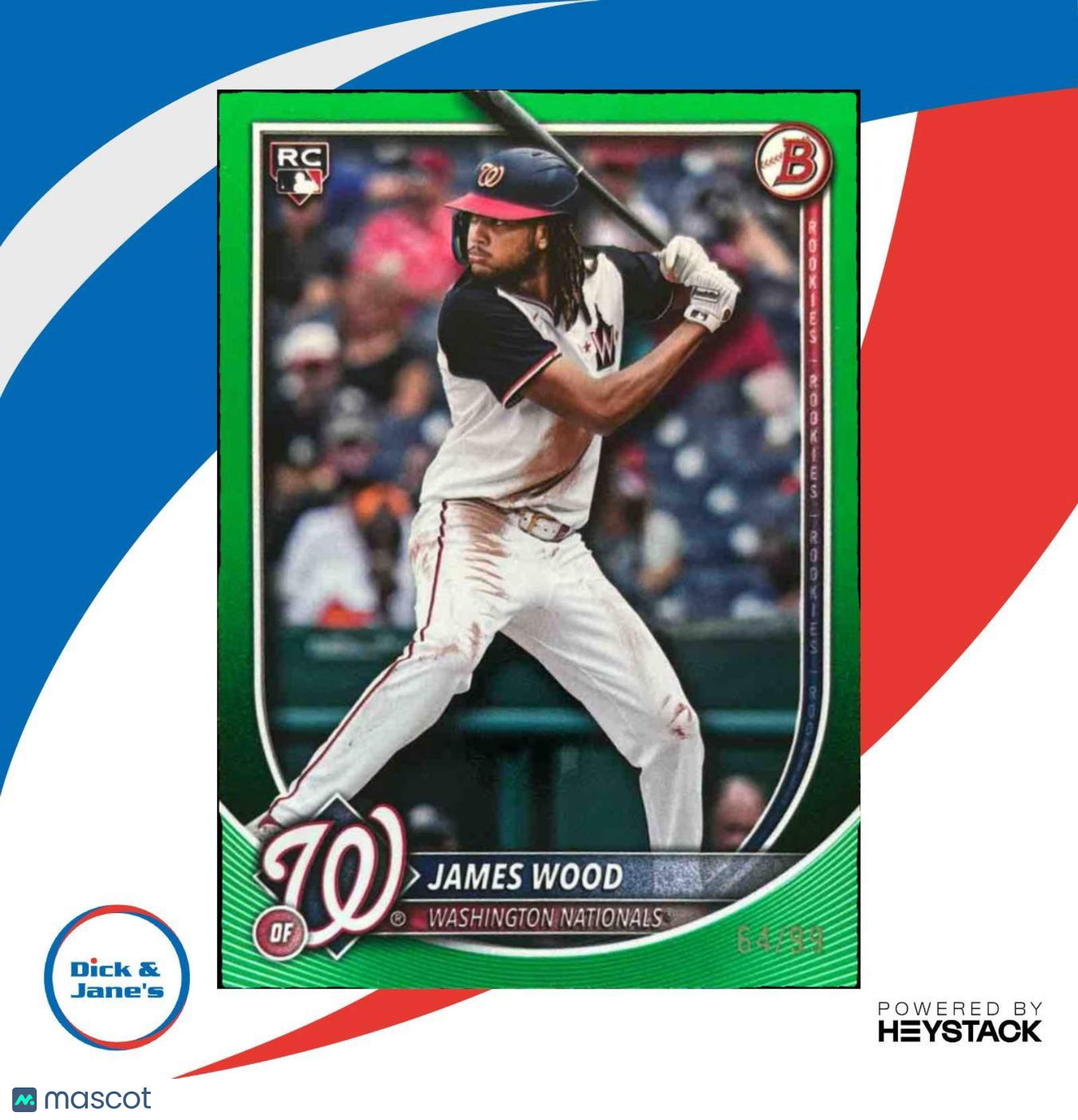 2025 Bowman James Wood Green Border 64/99 #29 RC Washington Nationals - Sports Cards