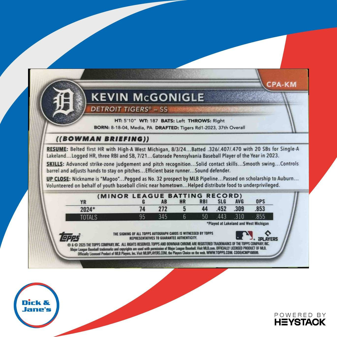 2025 Bowman Kevin McGonigle Chrome Auto Purple Refractor 211/250 1st Prospect Sports Cards