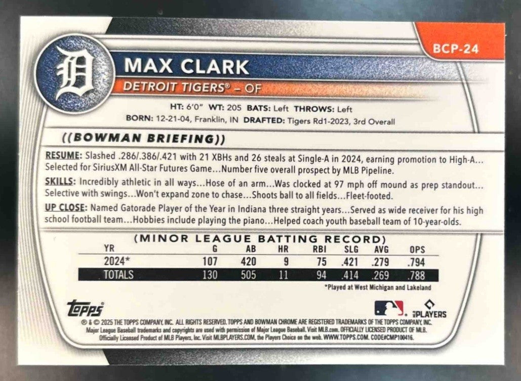 2025 Bowman Max Clark Chrome Prospects Speckle /299 #BCP-24 Detroit Tigers - Sports Cards