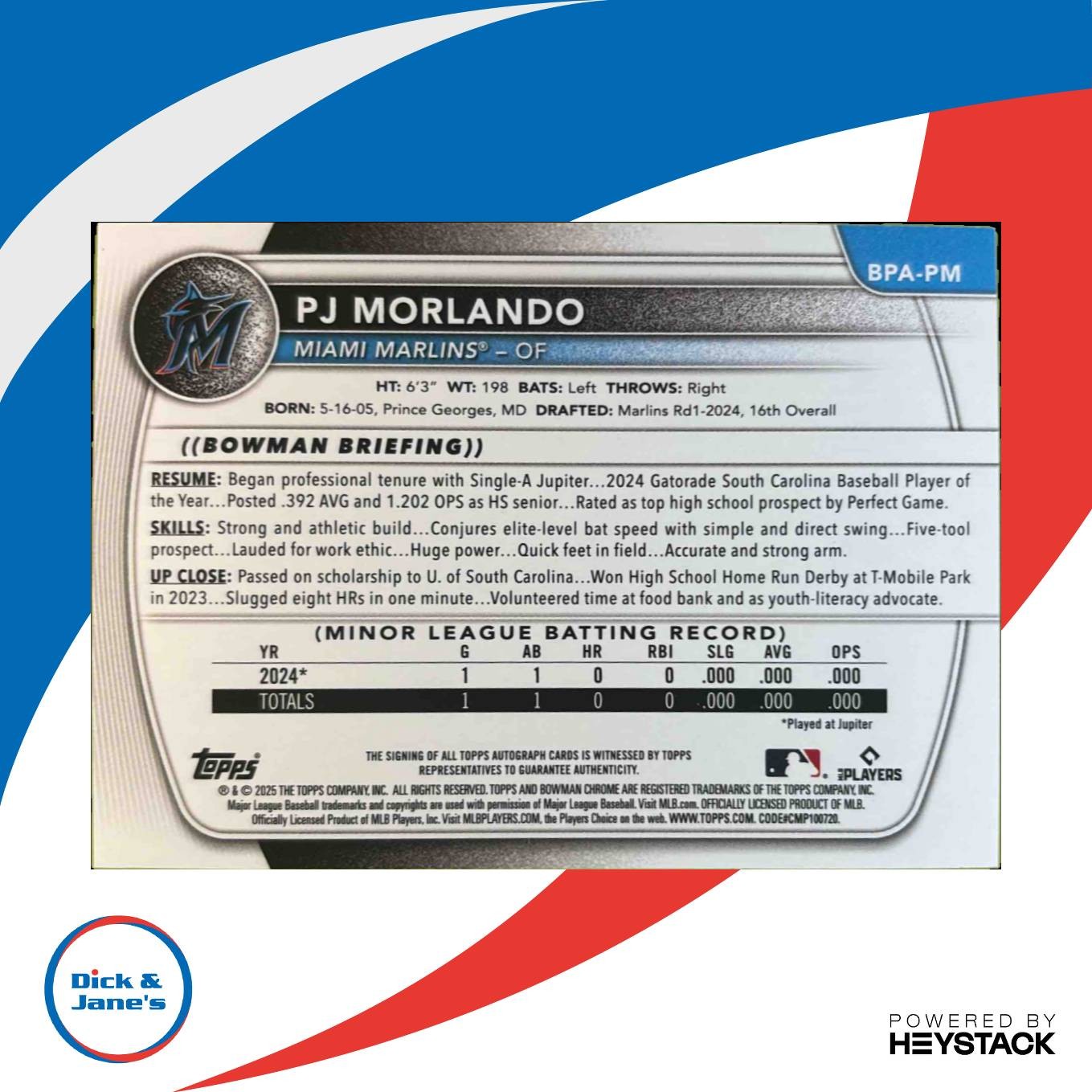 2025 Bowman PJ Morlando Auto Blue Border 31/150 1st Prospect Miami Marlins Sports Cards