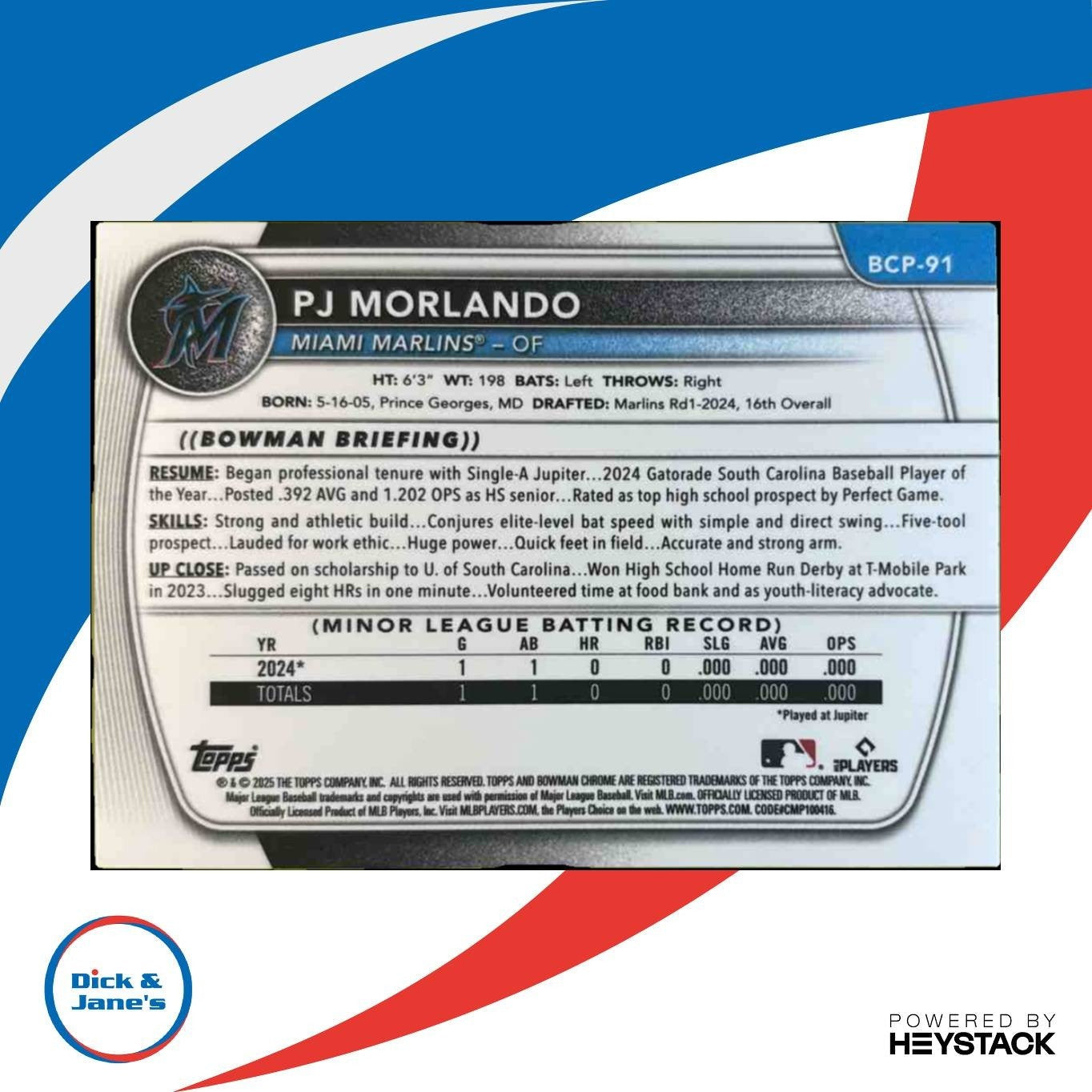 2025 Bowman PJ Morlando Chrome Fuchsia /199 #BCP-91 1st Prospect Miami Marlins - Sports Cards