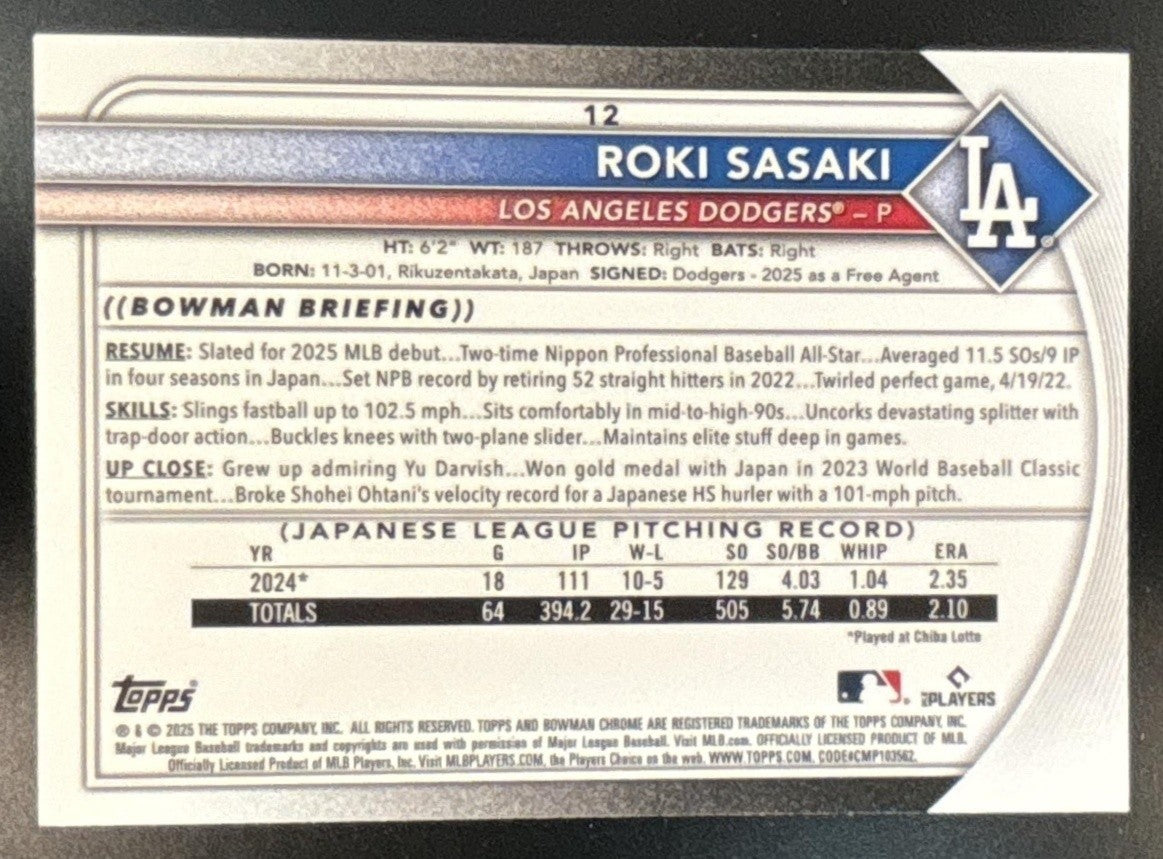 2025 Bowman Roki Sasaki Mega Box Burgundy Refractor /275 #12 RC Dodgers - Sports Cards