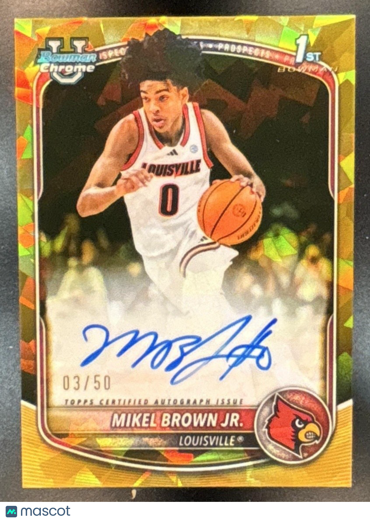 2025 Bowman Sapphire Mikel Brown Jr Chrome Auto Gold /50 1st Prospect Cardinals - Sports Cards