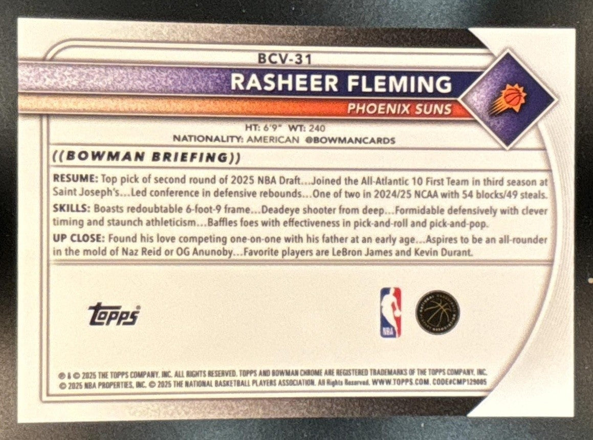 2025 Bowman Sapphire Rasheer Fleming Chrome Orange /25 #BCV-31 RC Phoenix Suns - Sports Cards