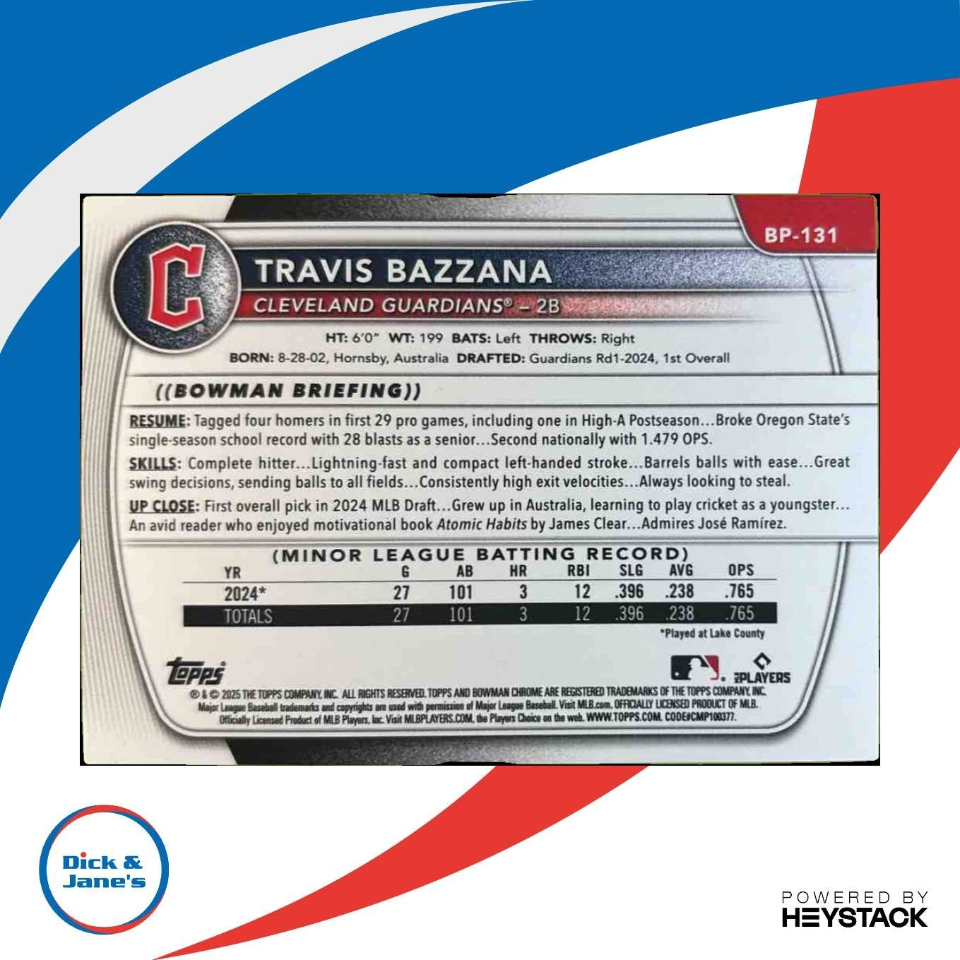 2025 Bowman Travis Bazzana Prospects Sky Blue /499 #BP-131 Cleveland Guardians - Sports Cards