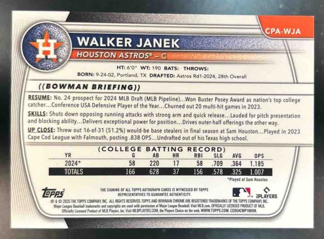 2025 Bowman Walker Janek Chrome Auto Speckle /299 1st Prospect Houston Astros - Sports Cards
