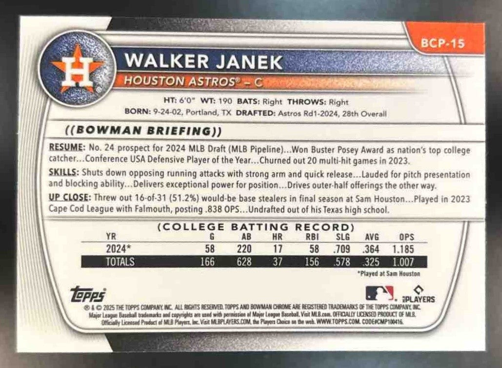 2025 Bowman Walker Janek Chrome Blue /150 #BCP-15 1st Prospect Houston Astros - Sports Cards