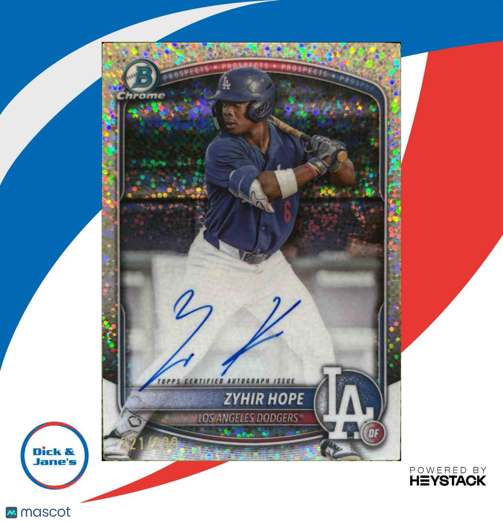 2025 Bowman Zyhir Hope Chrome Prospect Auto Speckle Refractor 221/299 LA Dodgers - Sports Cards