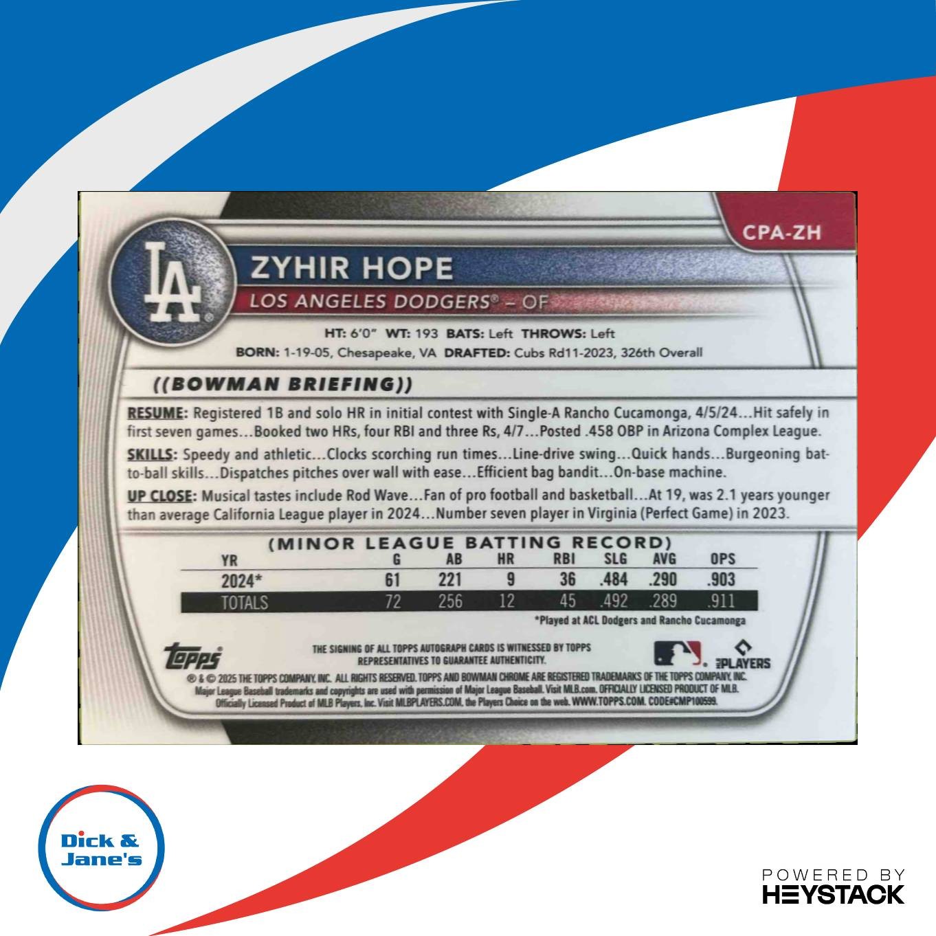 2025 Bowman Zyhir Hope Chrome Prospect Auto Speckle Refractor 221/299 LA Dodgers - Sports Cards