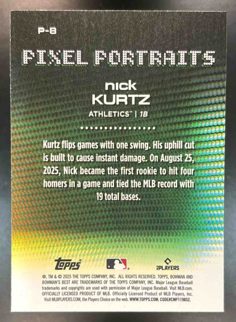 2025 Bowman’s Best Nick Kurtz Pixel Portraits #P-8 RC Athletics - Sports Cards