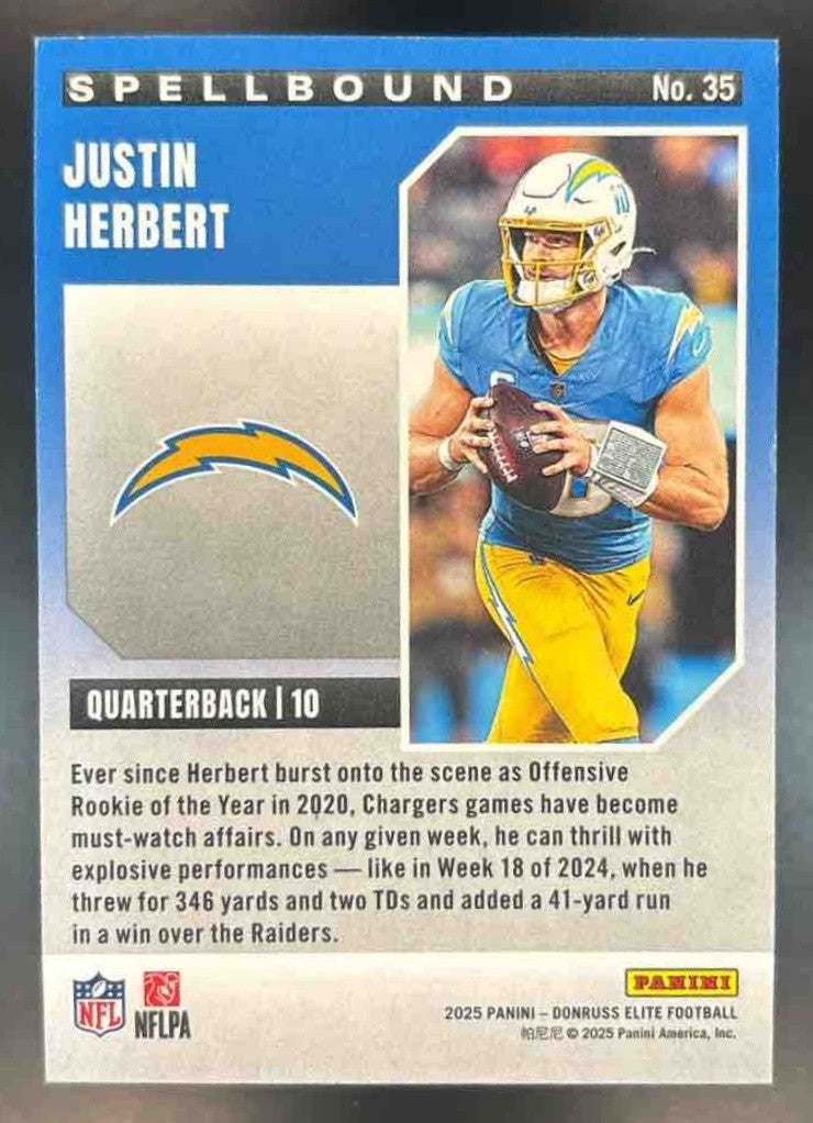 2025 Donruss Elite Justin Herbert Spellbound ’E’ Orange /199 #35 Chargers - Sports Cards