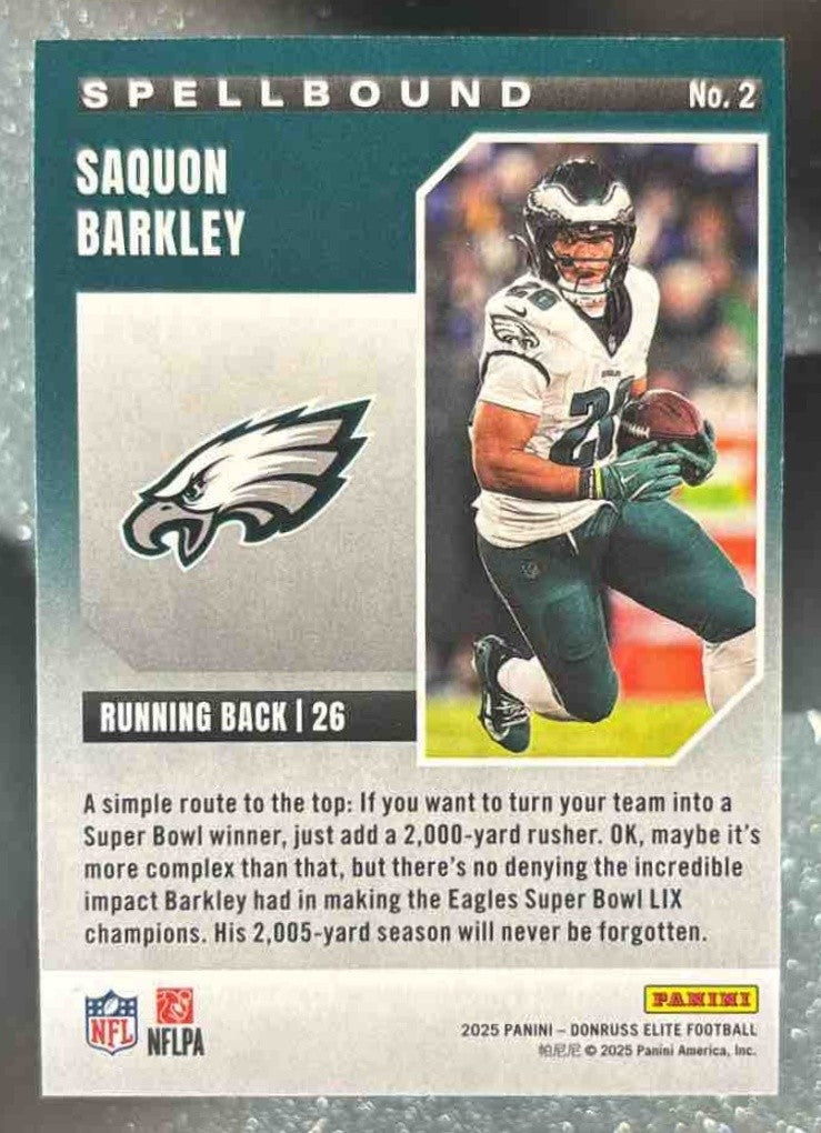 2025 Donruss Elite Saquon Barkley Spellbound Purple ’A’ /49 Philadelphia Eagles - Sports Cards