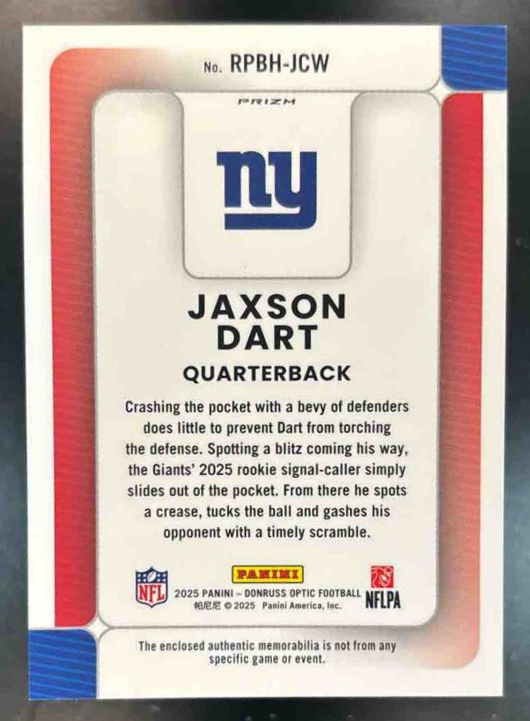 2025 Donruss Optic Jaxson Dart Rookie Phenoms Blue Hyper RC MEM New York Giants - Sports Cards