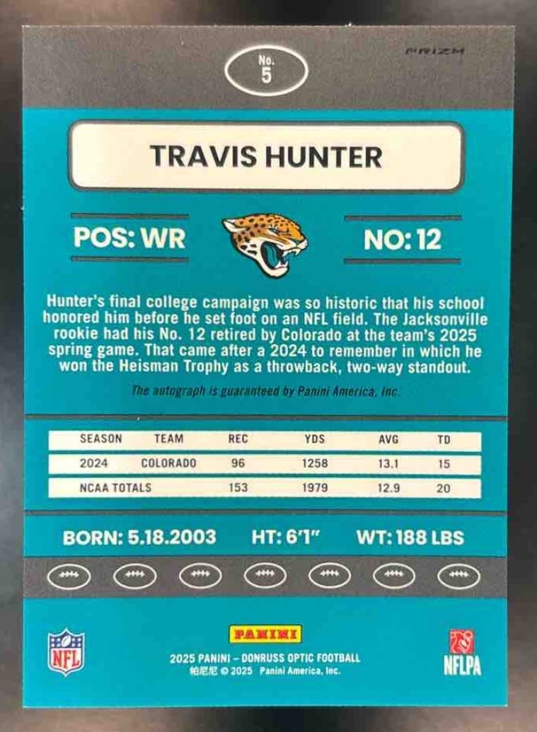 2025 Donruss Optic Travis Hunter 2015 Retro Auto #5 RC Jacksonville Jaguars - Sports Cards