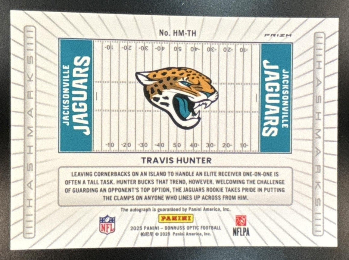 2025 Donruss Optic Travis Hunter Hash Mark Auto Holo Prizm RC Jaguars - Sports Cards