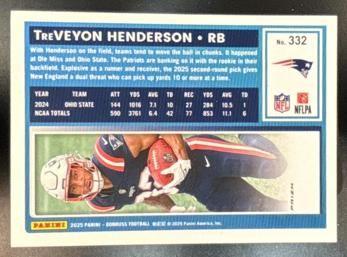 2025 Donruss TreVeyon Henderson Optic Preview Red & Green #332 RC Patriots - Sports Cards