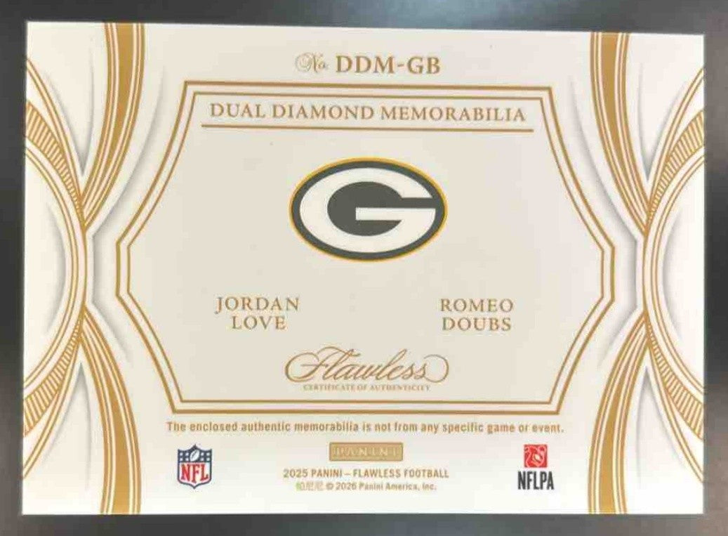 2025 Flawless Jordan Love Romeo Doubs Dual Diamond Patch Ruby /15 MEM Packers - Sports Cards