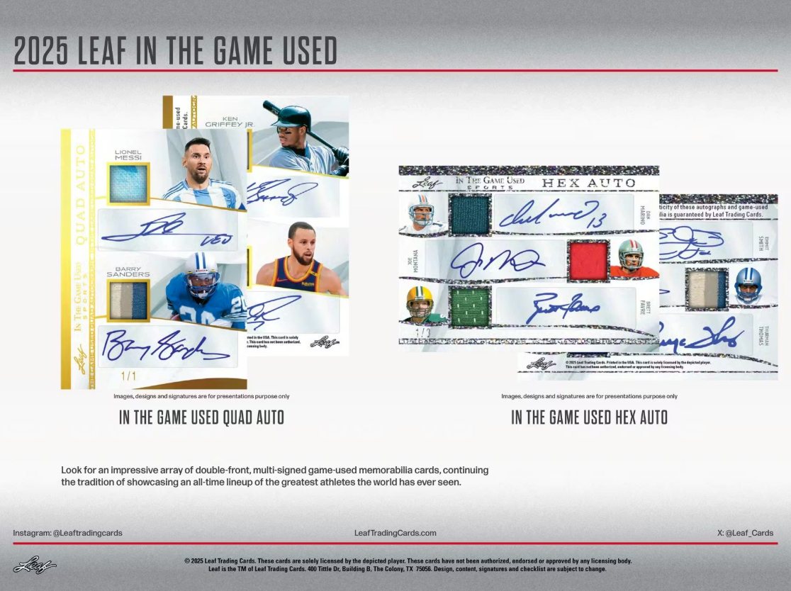 2025 Leaf In The Game Used Hobby Box (5 Premium Hits) - Hobby Box